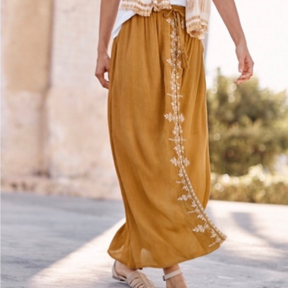 Garnet Hill Mustard Maxi Skirt with Embroidery
